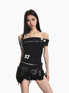 XPKAEAX Cropped Printed One Shoulder Waist Cinch Fitted Women's Short Sleeve T-shirts