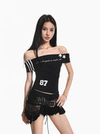 XPKAEAX Cropped Printed One Shoulder Waist Cinch Fitted Women's Short Sleeve T-shirts