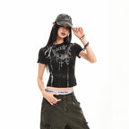XPKAEAX Cropped Punk Letter Print Crew Neck Slim Fit Women's Short Sleeve T-shirts 1021349272471