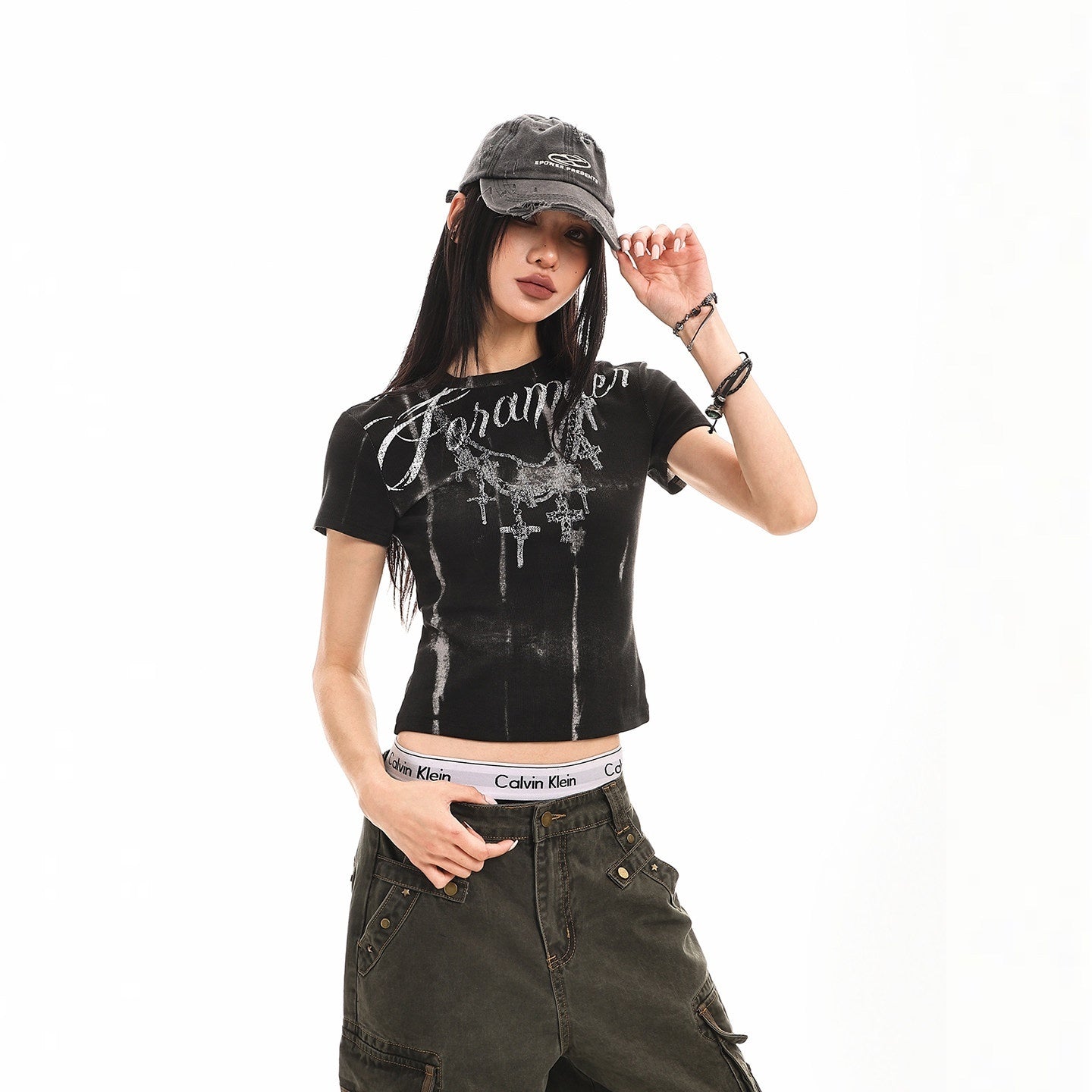 XPKAEAX Cropped Punk Letter Print Crew Neck Slim Fit Women's Short Sleeve T-shirts 1021349272471