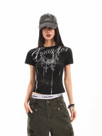 XPKAEAX Cropped Punk Letter Print Crew Neck Slim Fit Women's Short Sleeve T-shirts