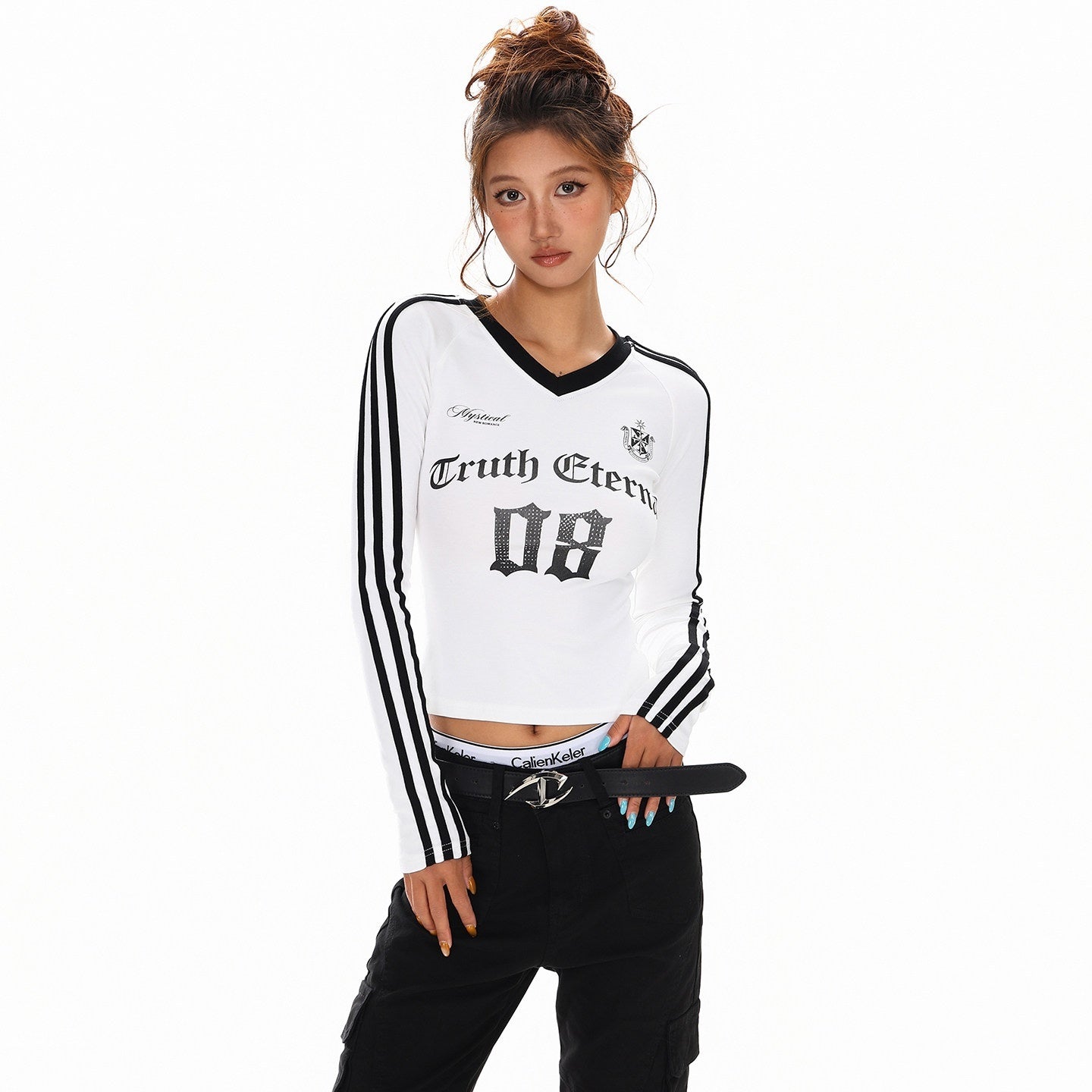 XPKAEAX Cropped Three Stripe Letter Print V-neck Slim Women's Long Sleeve T-shirts 970624176832