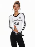 XPKAEAX Cropped Three Stripe Letter Print V-neck Slim Women's Long Sleeve T-shirts