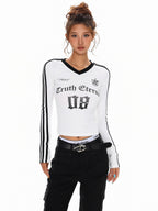 XPKAEAX Cropped Three Stripe Letter Print V-neck Slim Women's Long Sleeve T-shirts