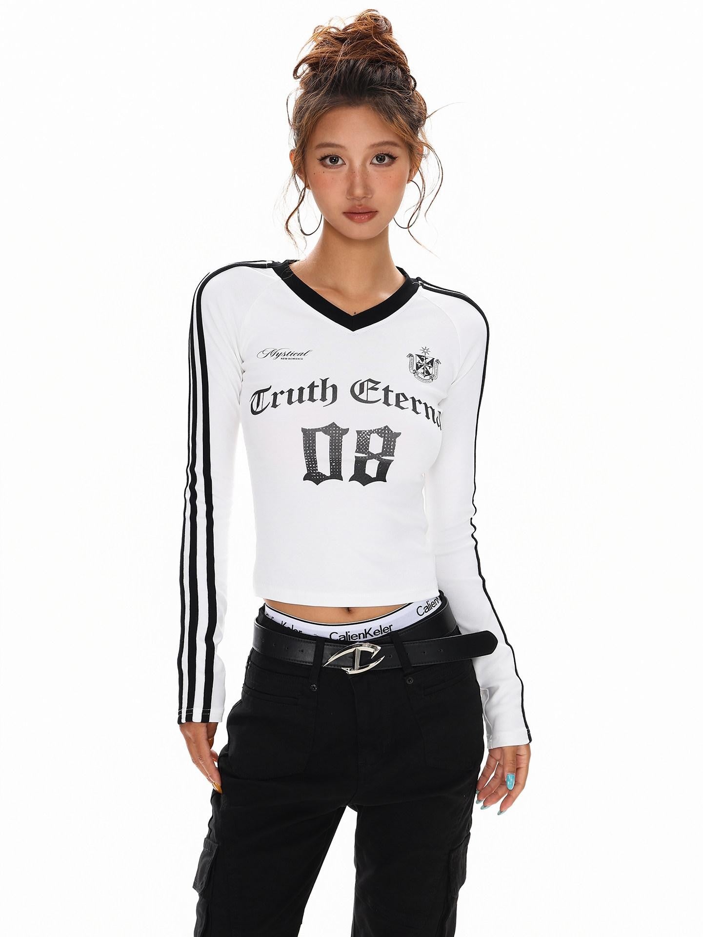 XPKAEAX Cropped Three Stripe Letter Print V-neck Slim Women's Long Sleeve T-shirts