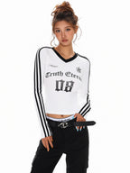 XPKAEAX Cropped Three Stripe Letter Print V-neck Slim Women's Long Sleeve T-shirts