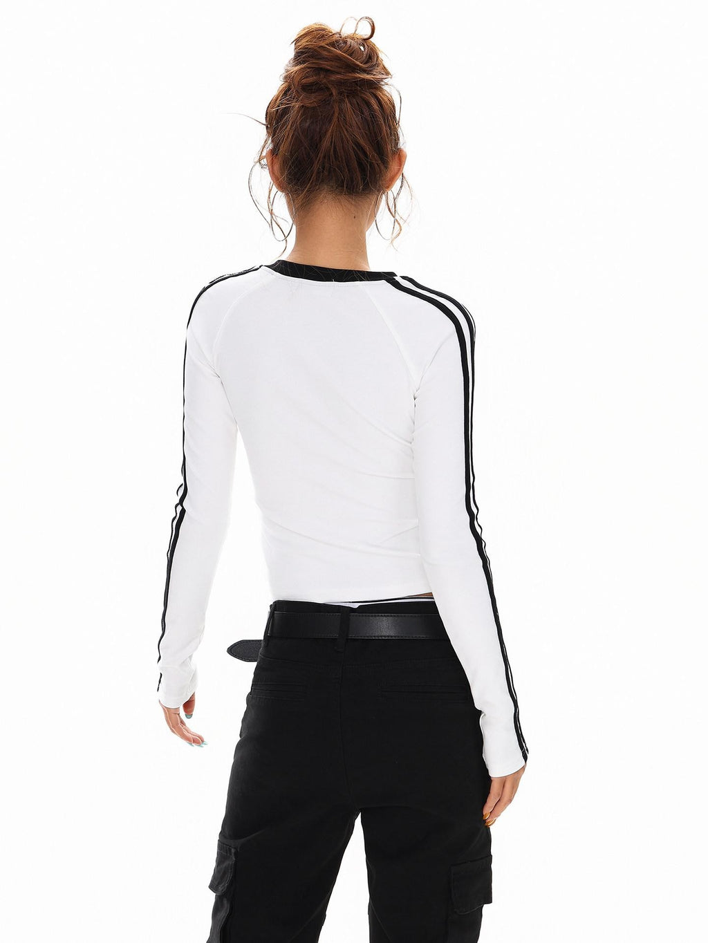 XPKAEAX Cropped Three Stripe Letter Print V-neck Slim Women's Long Sleeve T-shirts