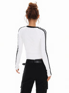 XPKAEAX Cropped Three Stripe Letter Print V-neck Slim Women's Long Sleeve T-shirts