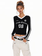 XPKAEAX Cropped Three Stripe Letter Print V-neck Slim Women's Long Sleeve T-shirts