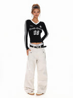 XPKAEAX Cropped Three Stripe Letter Print V-neck Slim Women's Long Sleeve T-shirts