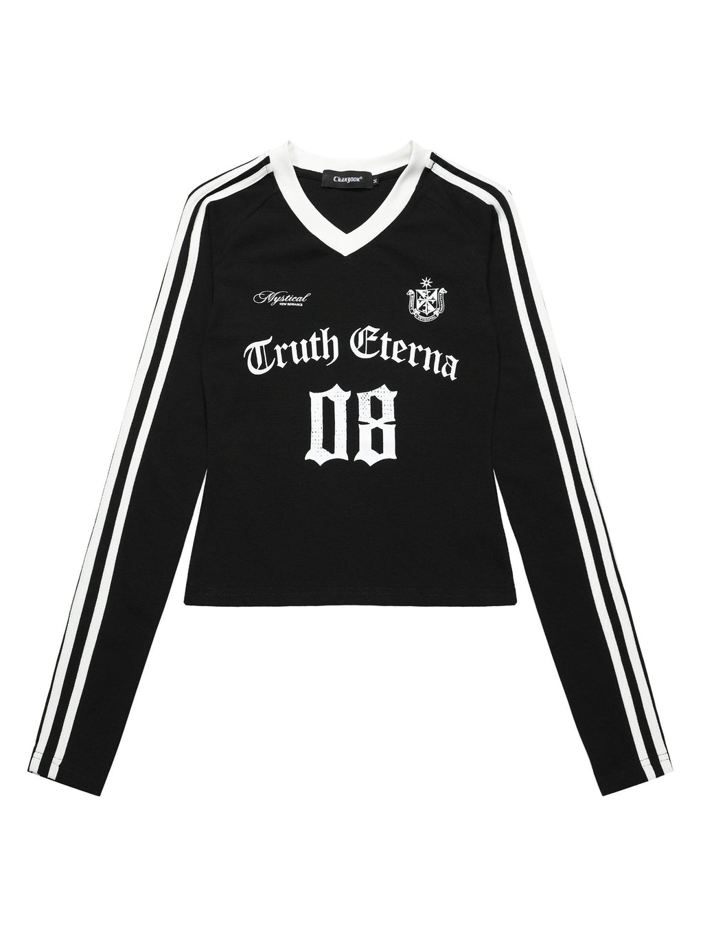 XPKAEAX Cropped Three Stripe Letter Print V-neck Slim Women's Long Sleeve T-shirts