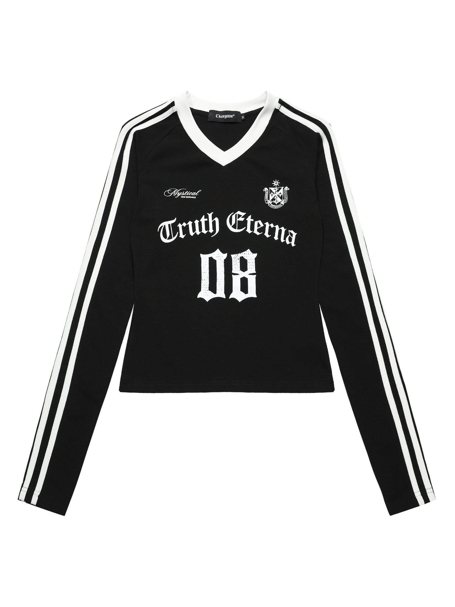 XPKAEAX Cropped Three Stripe Letter Print V-neck Slim Women's Long Sleeve T-shirts