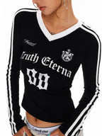 XPKAEAX Cropped Three Stripe Letter Print V-neck Slim Women's Long Sleeve T-shirts