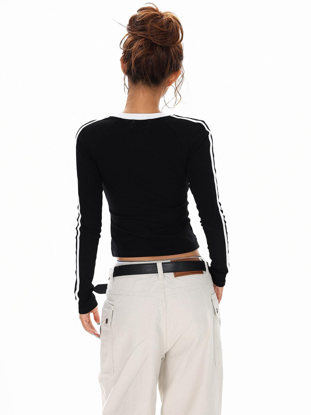 XPKAEAX Cropped Three Stripe Letter Print V-neck Slim Women's Long Sleeve T-shirts