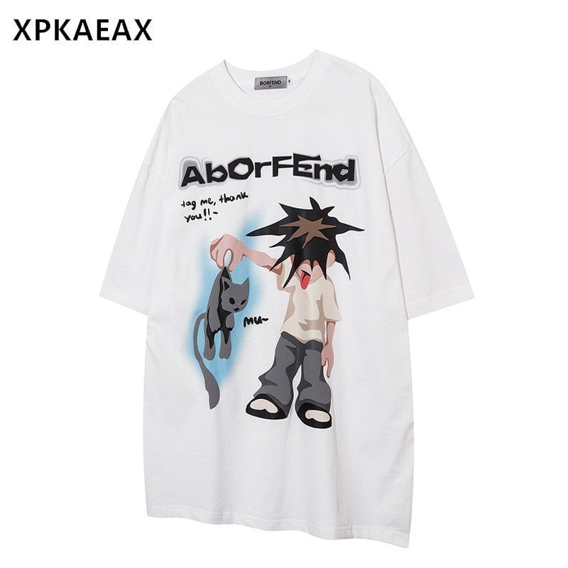 XPKAEAX Cute Cartoon Print Loose Drop Shoulder Crew Neck Women's Short Sleeve T-shirts 773444977585
