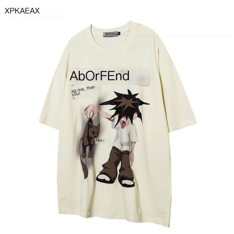 XPKAEAX Cute Cartoon Print Loose Drop Shoulder Crew Neck Women's Short Sleeve T-shirts 773444977585