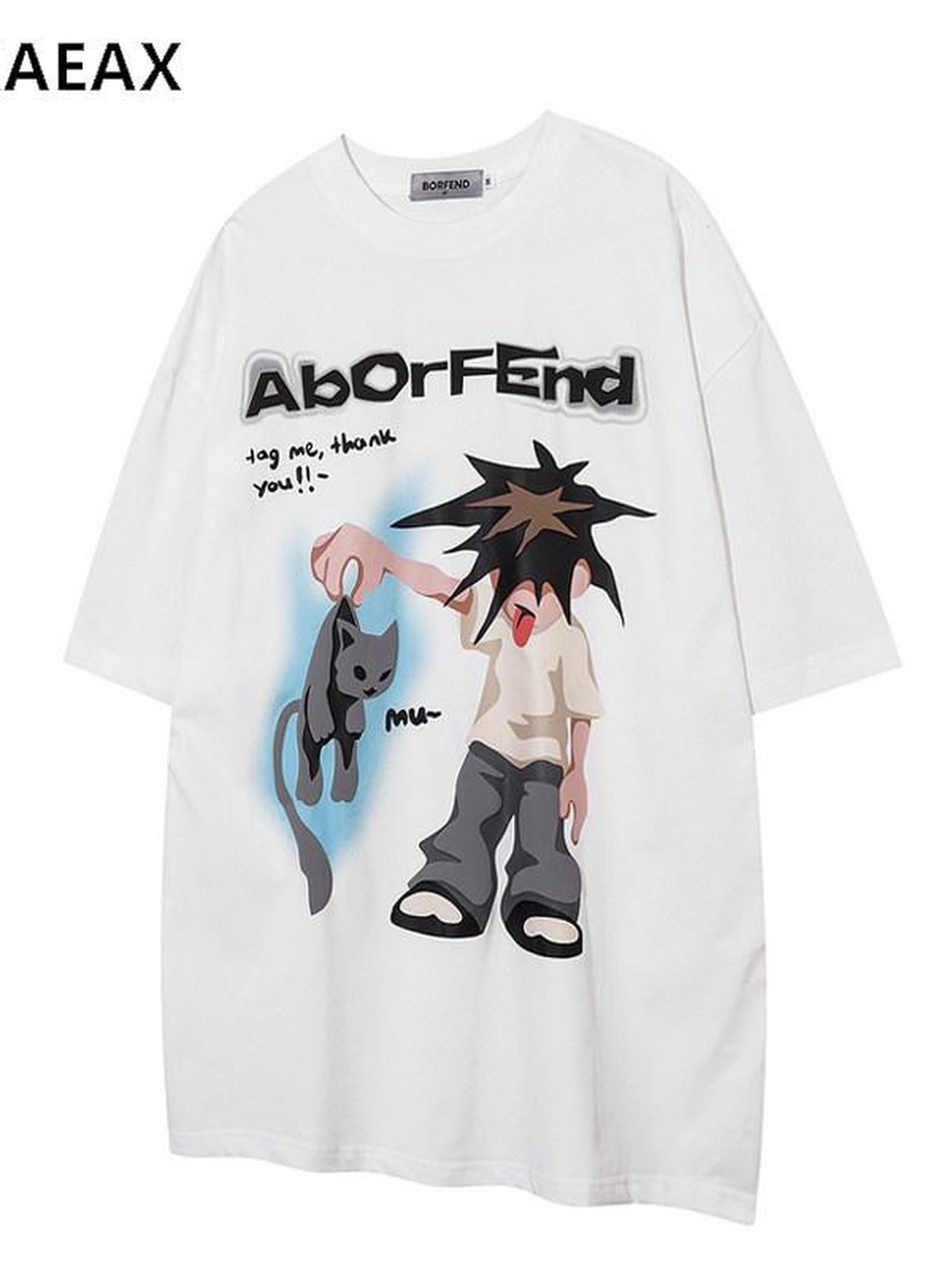 XPKAEAX Cute Cartoon Print Loose Drop Shoulder Crew Neck Women's Short Sleeve T-shirts
