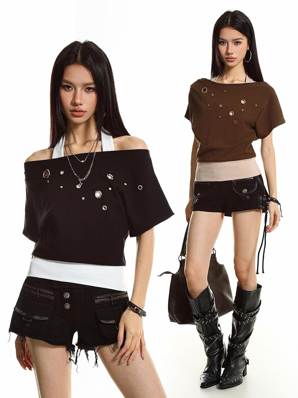 XPKAEAX Cutout Halter Colorblock Cinched Waist Women's Short Sleeve T-shirts