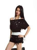 XPKAEAX Cutout Halter Colorblock Cinched Waist Women's Short Sleeve T-shirts