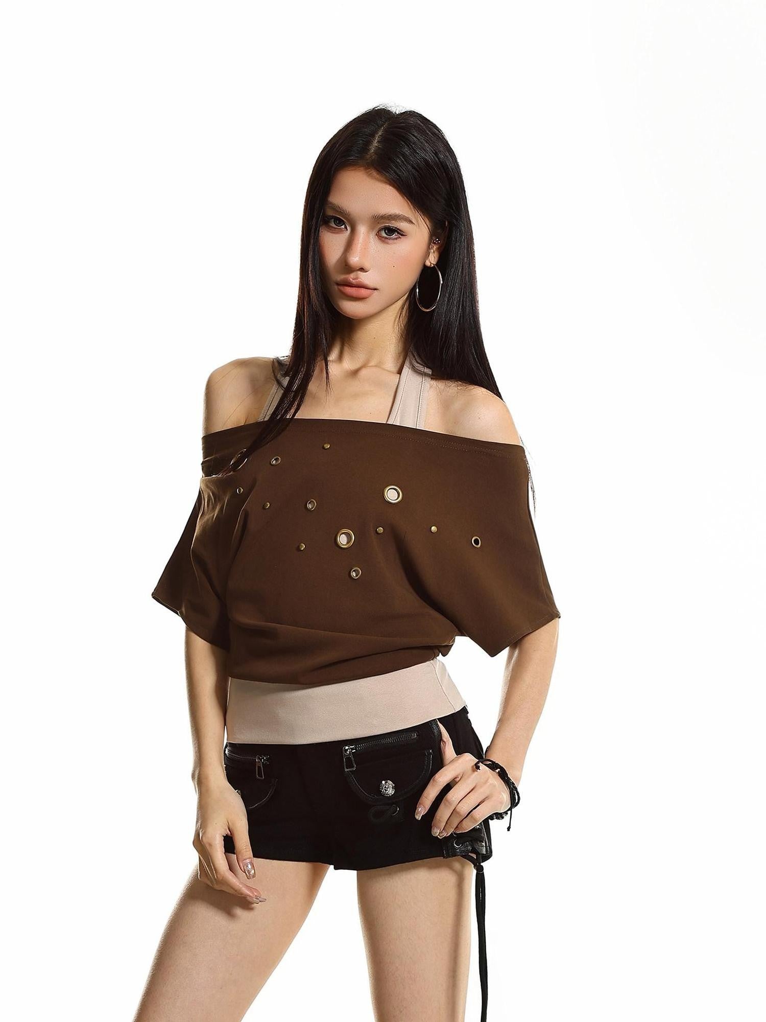 XPKAEAX Cutout Halter Colorblock Cinched Waist Women's Short Sleeve T-shirts