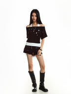 XPKAEAX Cutout Halter Colorblock Cinched Waist Women's Short Sleeve T-shirts