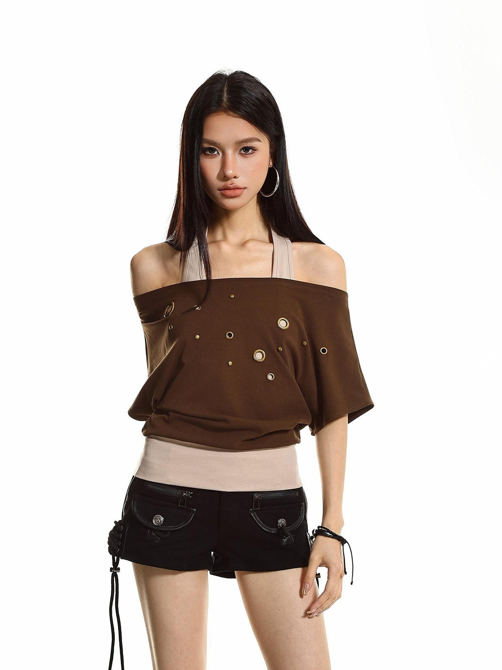 XPKAEAX Cutout Halter Colorblock Cinched Waist Women's Short Sleeve T-shirts
