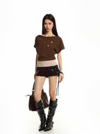 XPKAEAX Cutout Halter Colorblock Cinched Waist Women's Short Sleeve T-shirts