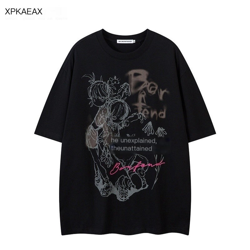 XPKAEAX Dark Cartoon Graphic Women's Drop Shoulder Short Sleeve T-shirts 879896481373