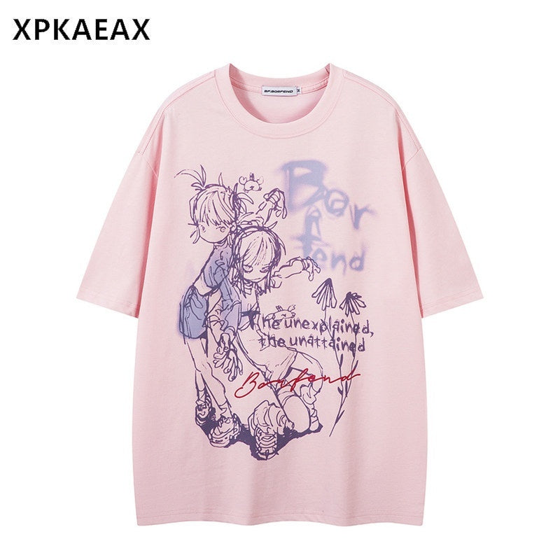 XPKAEAX Dark Cartoon Graphic Women's Drop Shoulder Short Sleeve T-shirts 879896481373