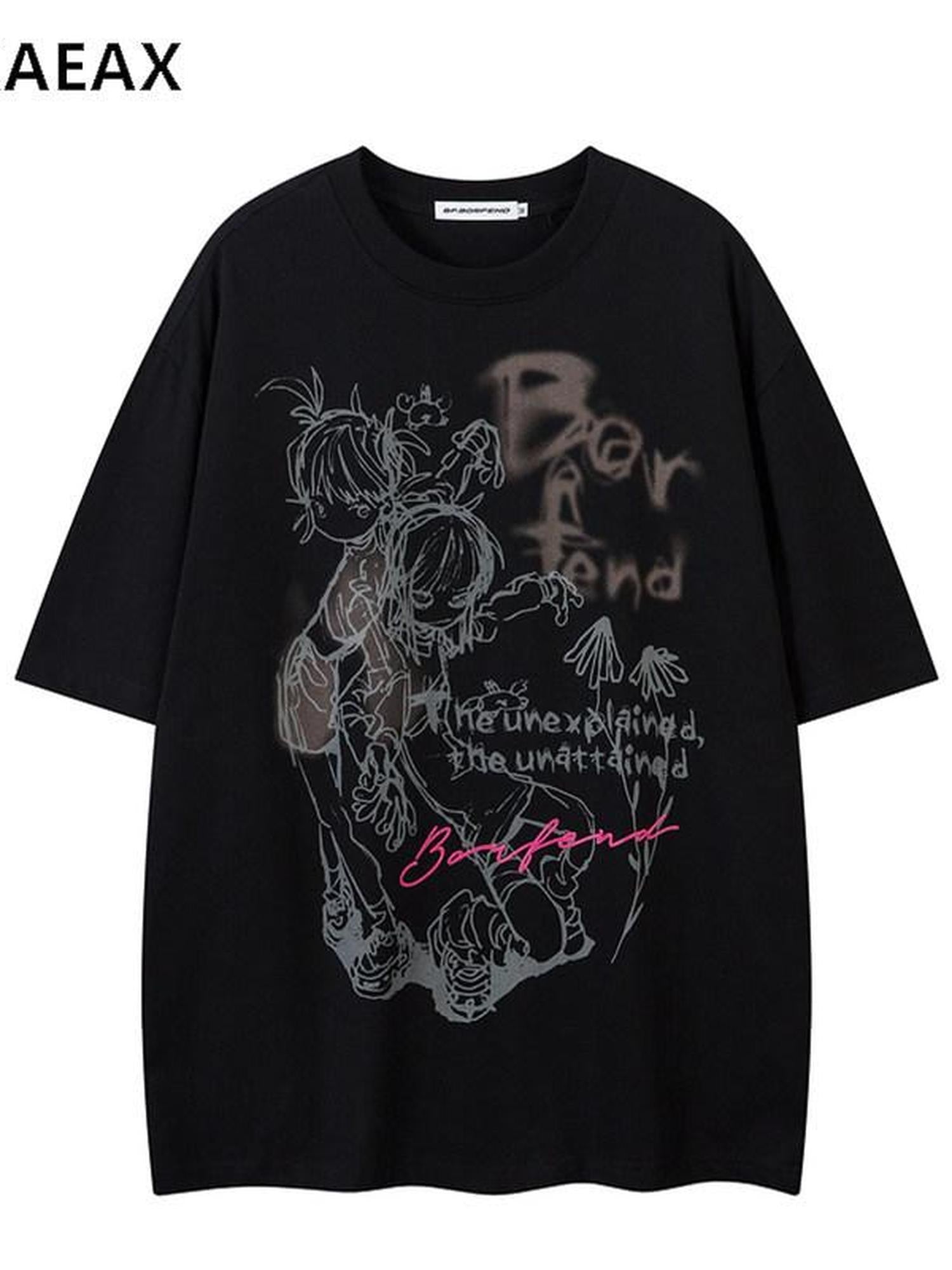 XPKAEAX Dark Cartoon Graphic Women's Drop Shoulder Short Sleeve T-shirts