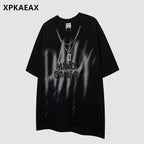 XPKAEAX Dark Chain Letter Print Drop Shoulder Women's Breathable Short Sleeve T-shirts 763491128704