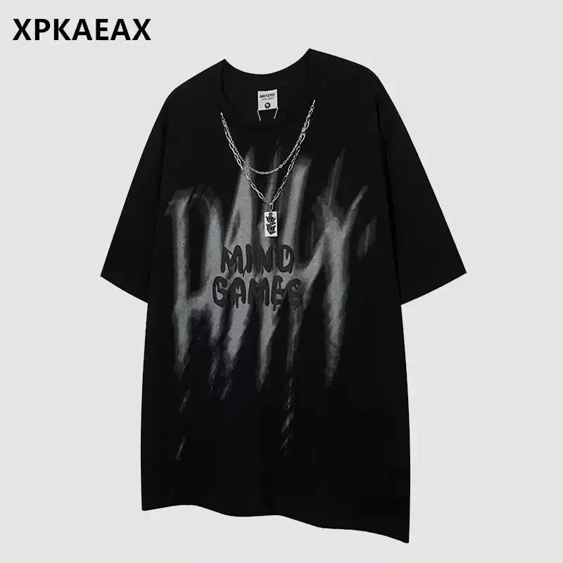 XPKAEAX Dark Chain Letter Print Drop Shoulder Women's Breathable Short Sleeve T-shirts 763491128704