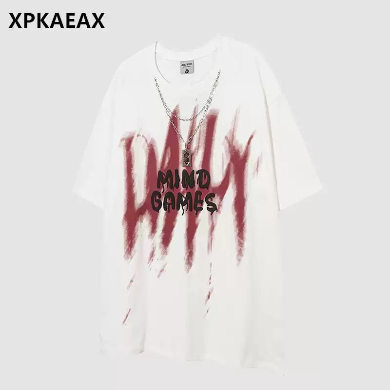 XPKAEAX Dark Chain Letter Print Drop Shoulder Women's Breathable Short Sleeve T-shirts 763491128704