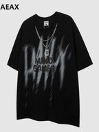 XPKAEAX Dark Chain Letter Print Drop Shoulder Women's Breathable Short Sleeve T-shirts