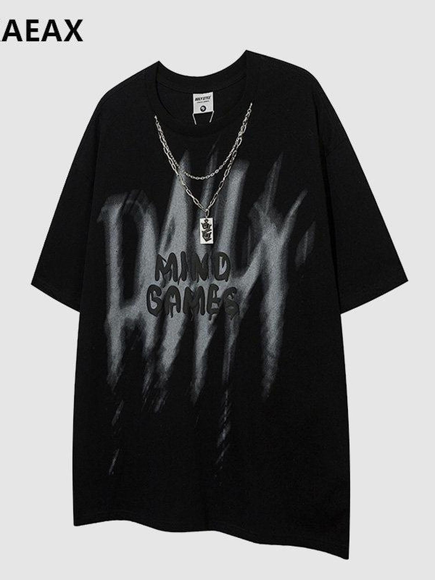 XPKAEAX Dark Chain Letter Print Drop Shoulder Women's Breathable Short Sleeve T-shirts