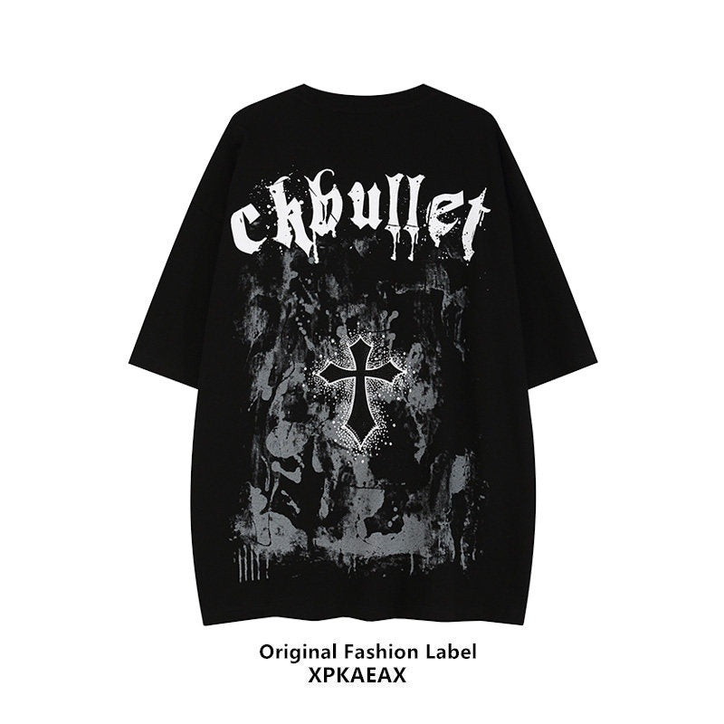 XPKAEAX Dark Cross Print Drop Shoulder Loose Crew Neck Women's Short Sleeve T-shirts 671174490752