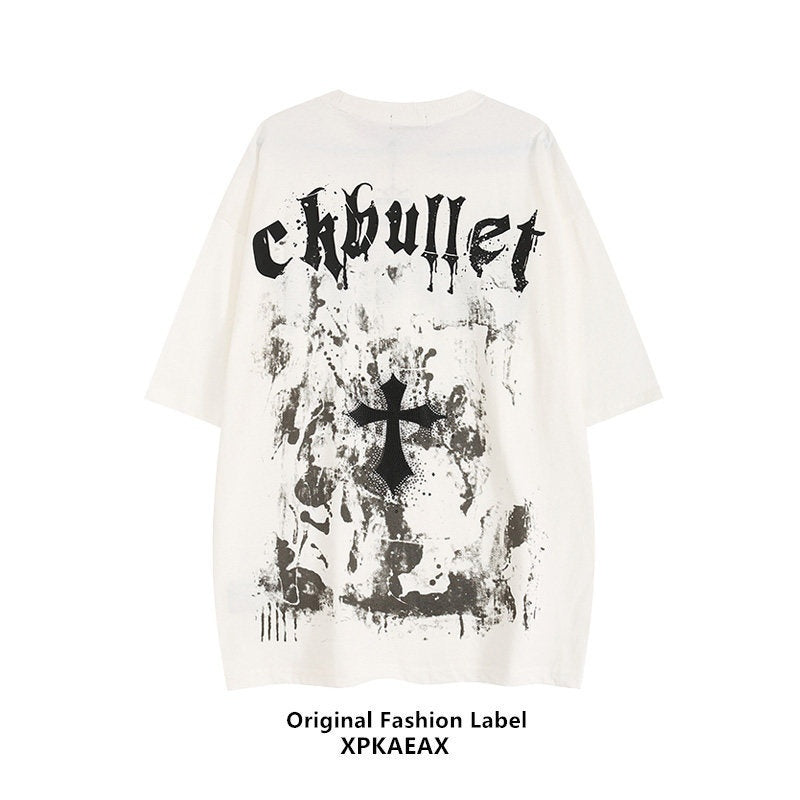 XPKAEAX Dark Cross Print Drop Shoulder Loose Crew Neck Women's Short Sleeve T-shirts 671174490752