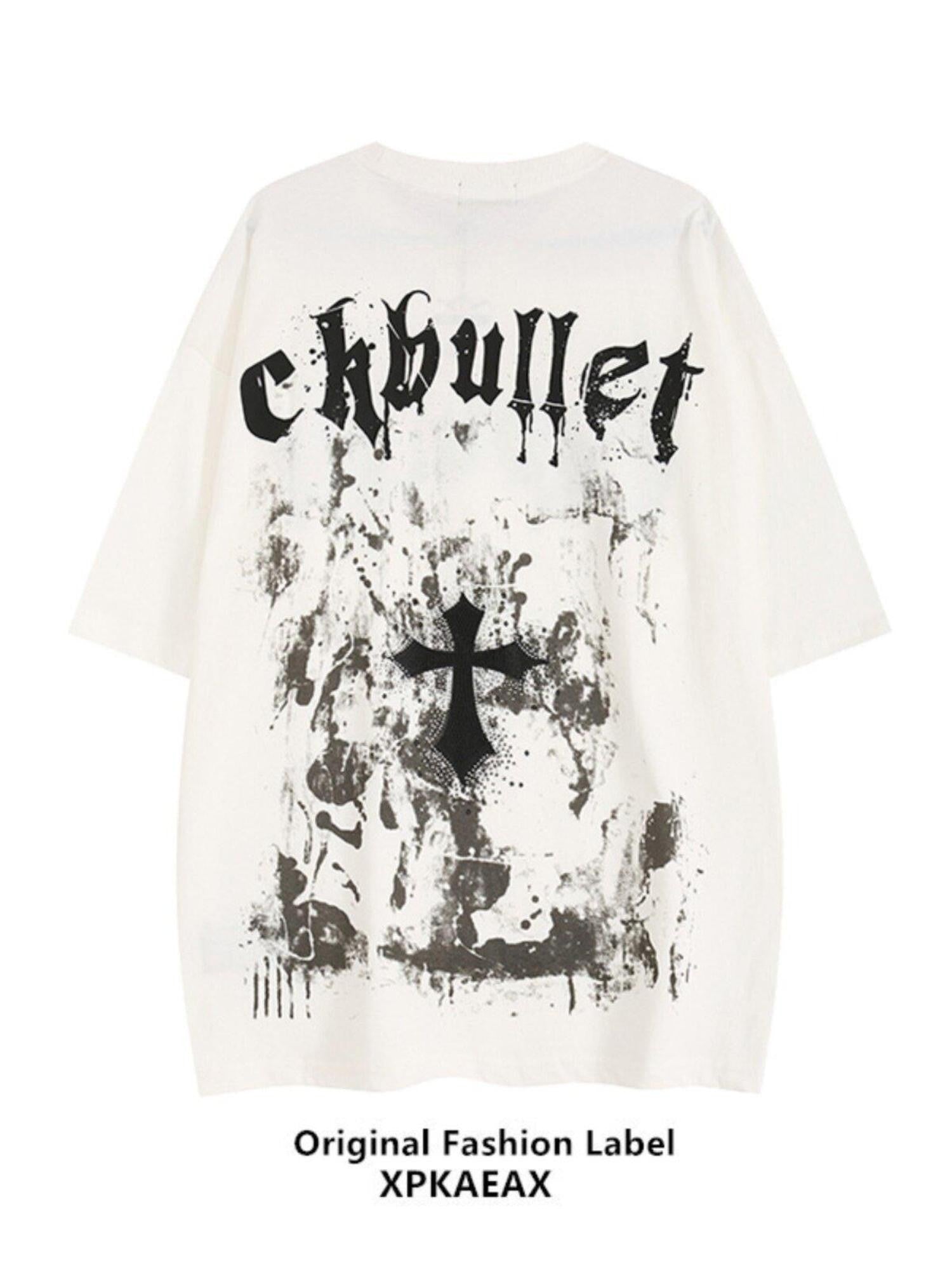 XPKAEAX Dark Cross Print Drop Shoulder Loose Crew Neck Women's Short Sleeve T-shirts