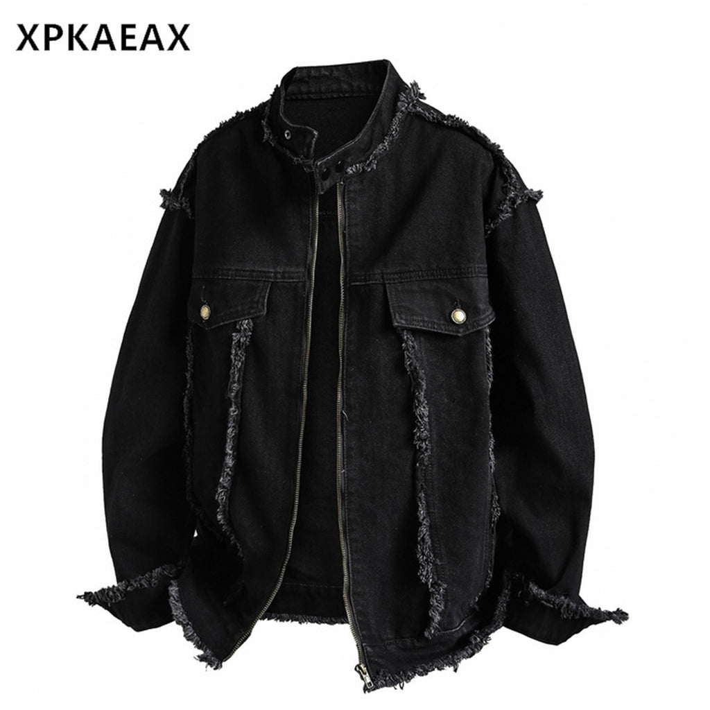 XPKAEAX Dark Frayed Stand Collar Printed Street Women's Denim Casual Jackets 835259928920
