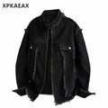 XPKAEAX Dark Frayed Stand Collar Printed Street Women's Denim Casual Jackets 835259928920