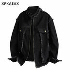 XPKAEAX Dark Frayed Stand Collar Printed Street Women's Denim Casual Jackets 835259928920