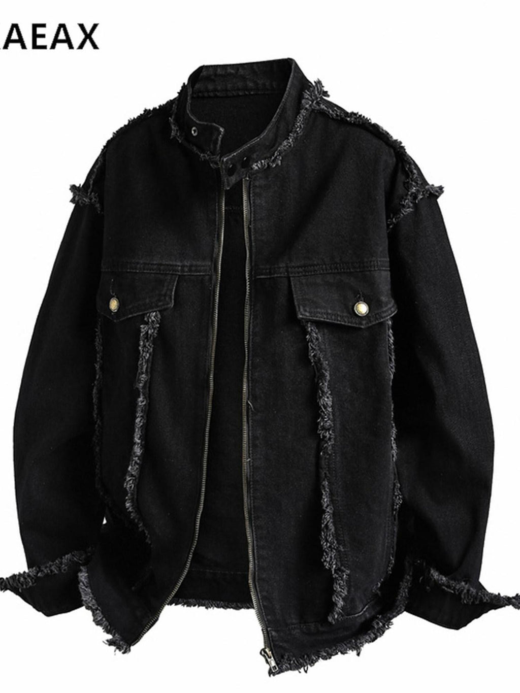 XPKAEAX Dark Frayed Stand Collar Printed Street Women's Denim Casual Jackets