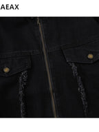XPKAEAX Dark Frayed Stand Collar Printed Street Women's Denim Casual Jackets