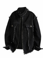 XPKAEAX Dark Frayed Stand Collar Printed Street Women's Denim Casual Jackets