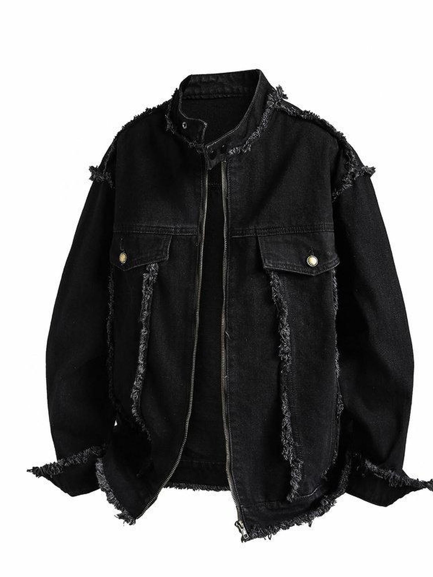 XPKAEAX Dark Frayed Stand Collar Printed Street Women's Denim Casual Jackets