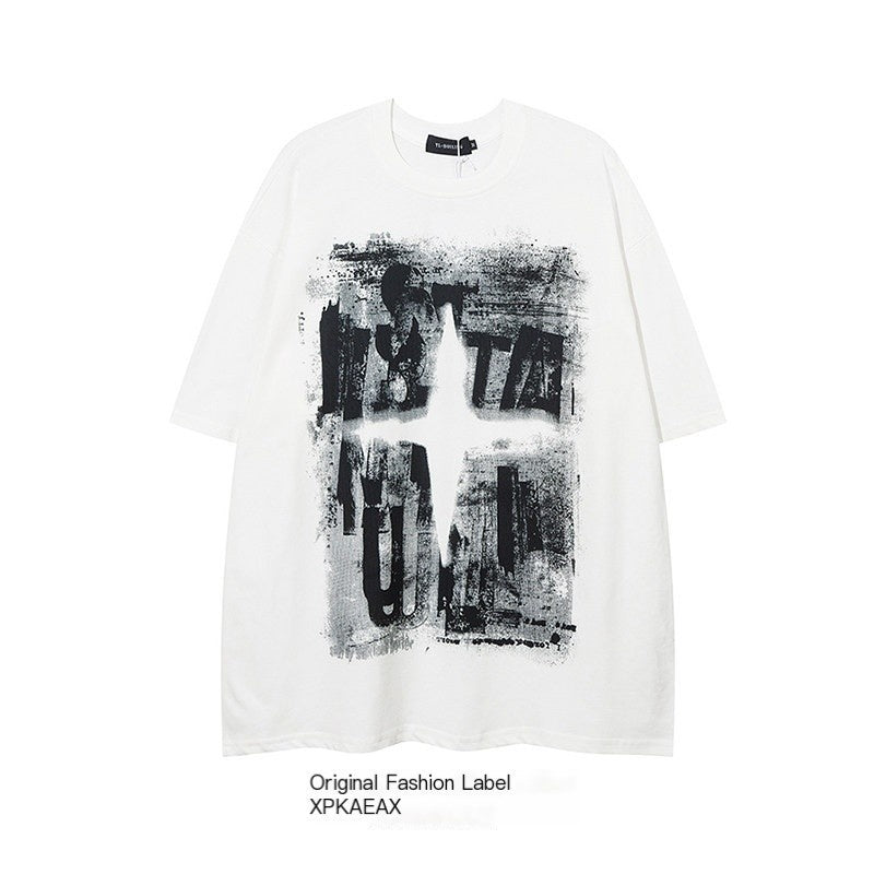 XPKAEAX Dark Graffiti Drop Shoulder Oversized Women's Pure Cotton Short Sleeve T-shirts 702056668995