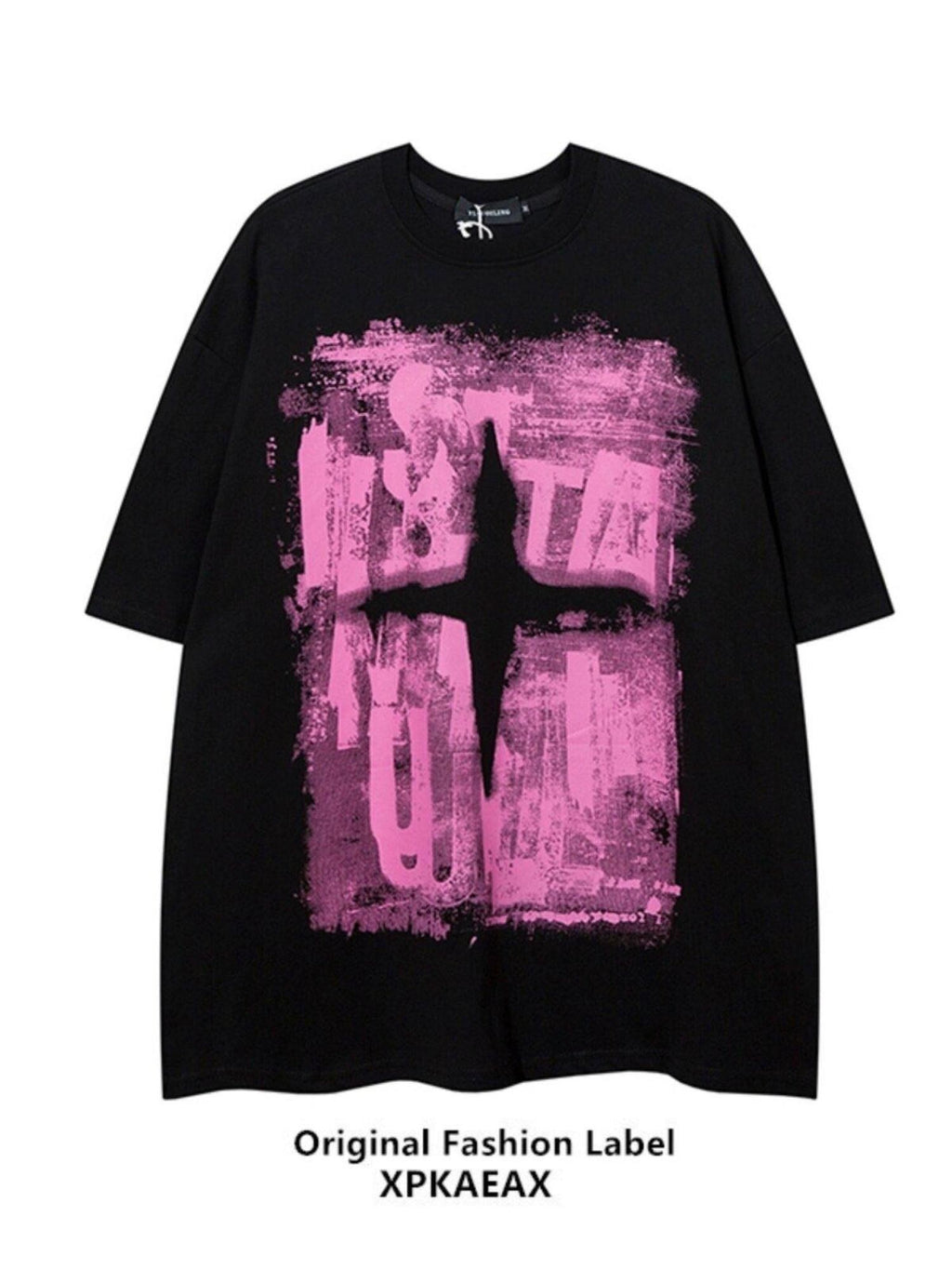 XPKAEAX Dark Graffiti Drop Shoulder Oversized Women's Pure Cotton Short Sleeve T-shirts
