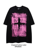 XPKAEAX Dark Graffiti Drop Shoulder Oversized Women's Pure Cotton Short Sleeve T-shirts