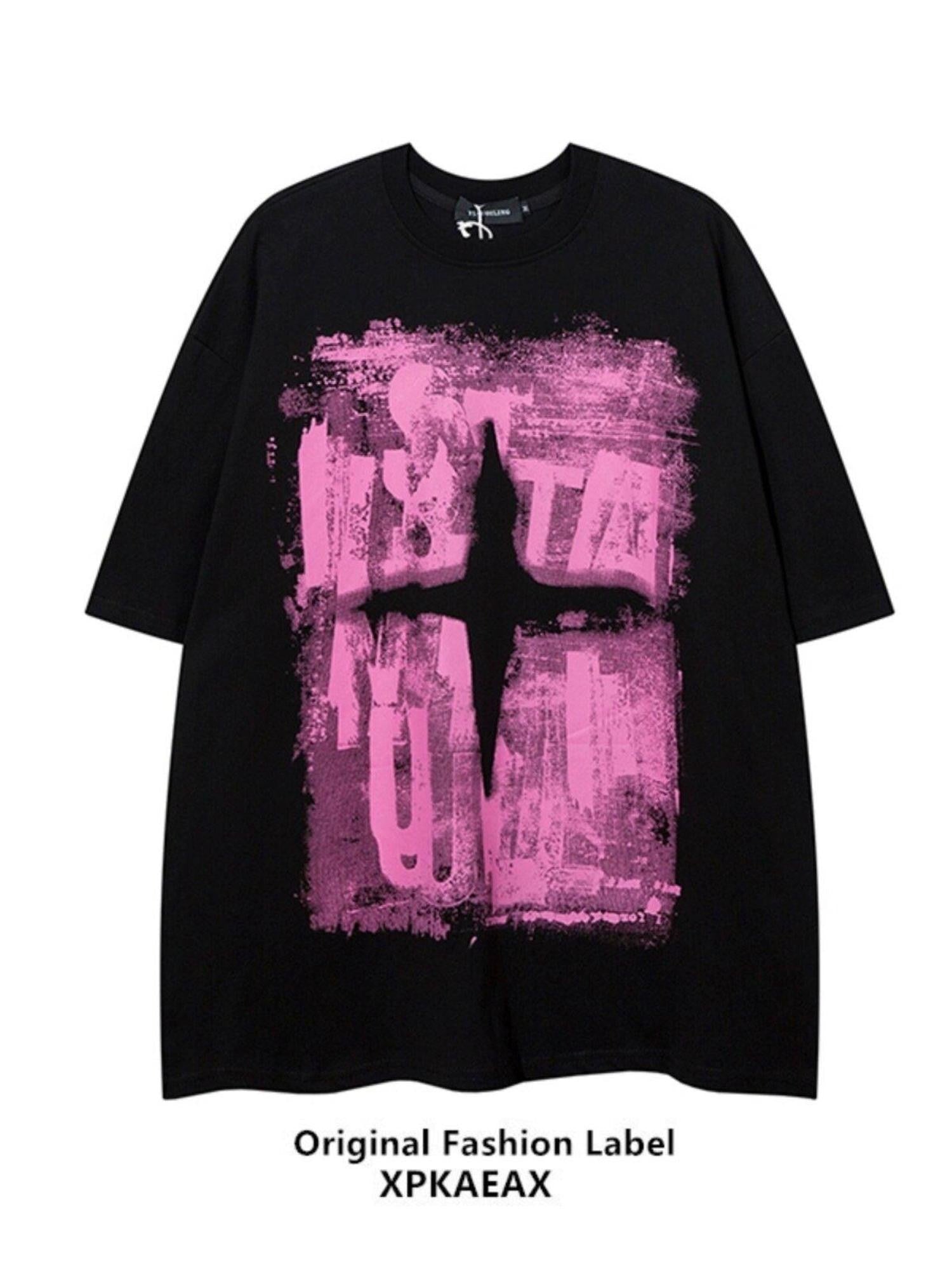 XPKAEAX Dark Graffiti Drop Shoulder Oversized Women's Pure Cotton Short Sleeve T-shirts