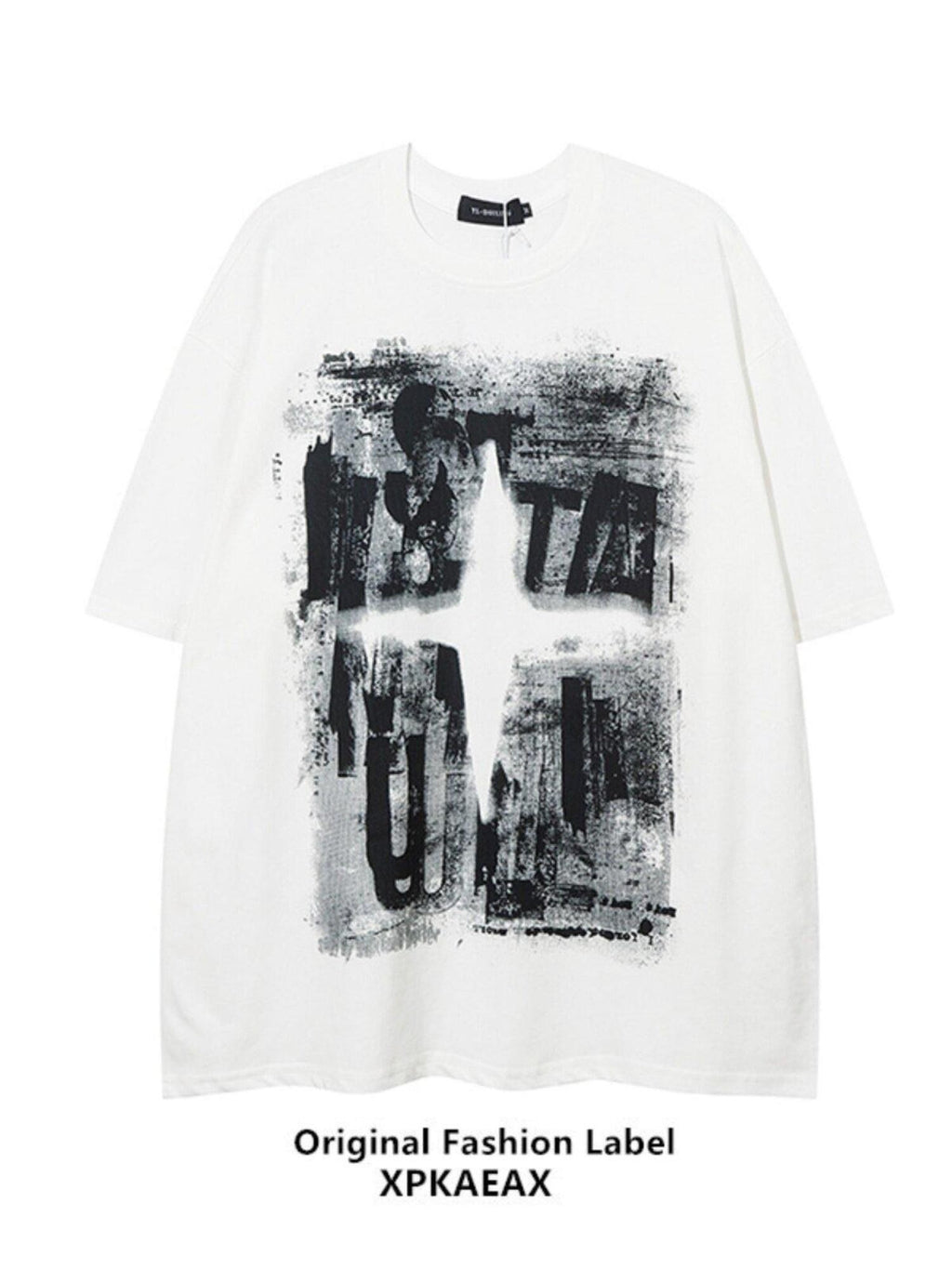 XPKAEAX Dark Graffiti Drop Shoulder Oversized Women's Pure Cotton Short Sleeve T-shirts